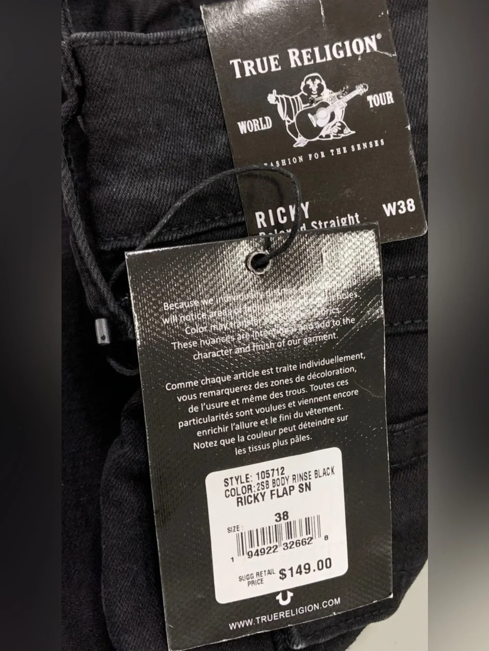 True Religion Black Ricky Flap Relaxed Straight Jeans 38 RN112790